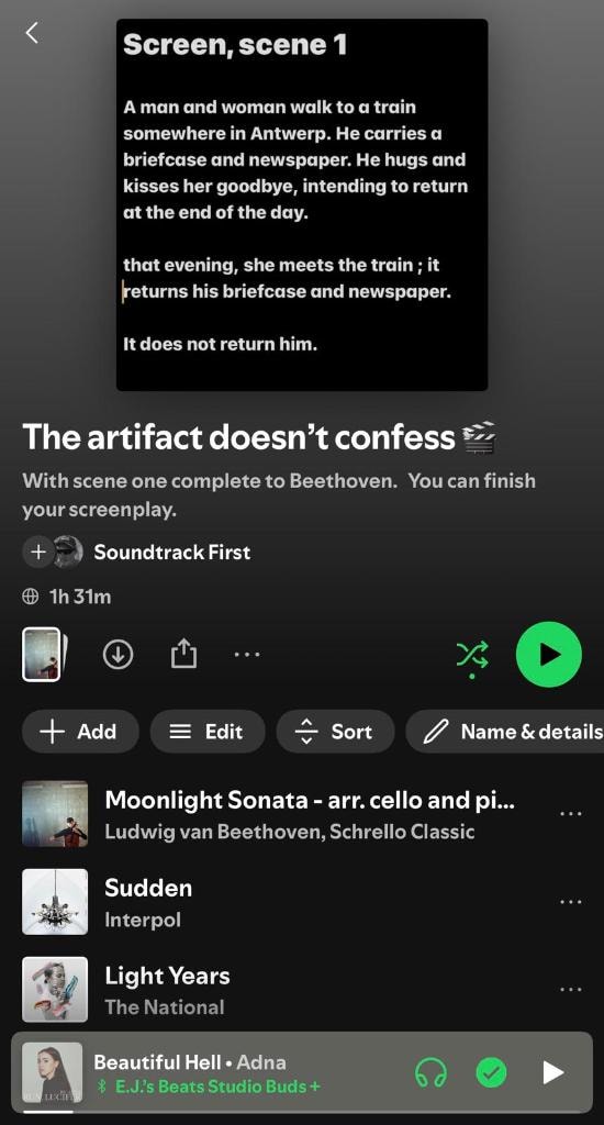 Soundtrack First playlist prototype showing the opening tracks of a shared writing session