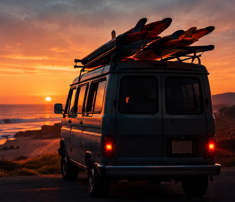 Surfer and van at the coast
